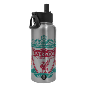 Liverpool, Μεταλλικό παγούρι θερμός Silver με καλαμάκι και χερούλι (Stainless steel), διπλού τοιχώματος, 950ml