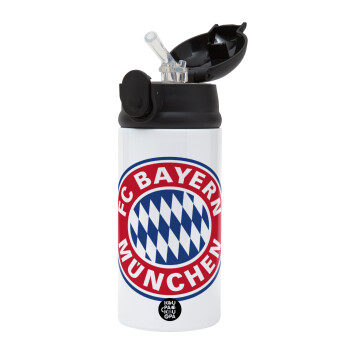 FC Bayern Munich, Children's hot water bottle, stainless steel, with safety straw, Black (360ml) BPA-FREE