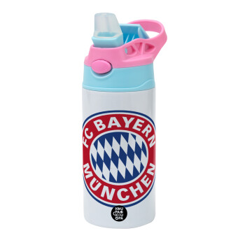 FC Bayern Munich, Children's hot water bottle, stainless steel, with safety straw, Pink/BlueCiel (360ml) BPA FREE