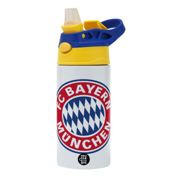 FC Bayern Munich, Children's hot water bottle, stainless steel, with safety straw, green, blue (360ml) BPA FREE