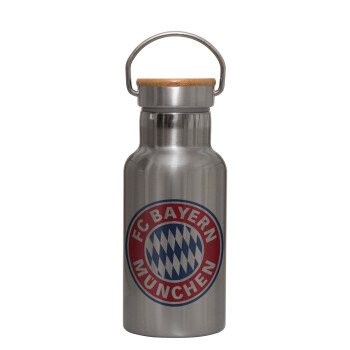 FC Bayern Munich, Μεταλλικό παγούρι θερμός (Stainless steel) Ασημένιο με ξύλινο καπακι (bamboo), διπλού τοιχώματος, 350ml
