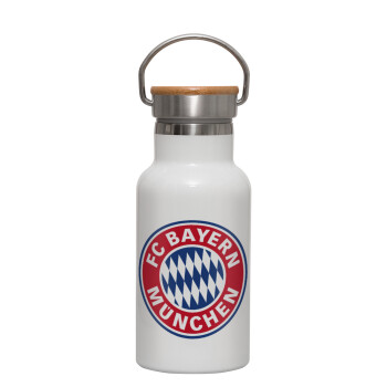 FC Bayern Munich, Μεταλλικό παγούρι θερμός (Stainless steel) Λευκό με ξύλινο καπακι (bamboo), διπλού τοιχώματος, 350ml