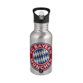 FC Bayern Munich, Water bottle Silver with straw, stainless steel 500ml