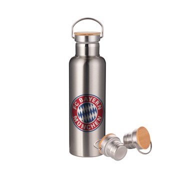 FC Bayern Munich, Stainless steel Silver with wooden lid (bamboo), double wall, 750ml