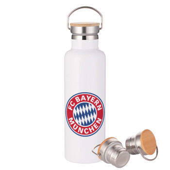 FC Bayern Munich, Stainless steel White with wooden lid (bamboo), double wall, 750ml