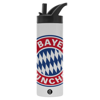 FC Bayern Munich, Μεταλλικό παγούρι θερμός με καλαμάκι & χειρολαβή, ανοξείδωτο ατσάλι (Stainless steel 304), διπλού τοιχώματος, 600ml