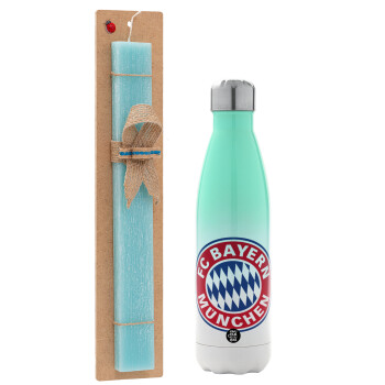 FC Bayern Munich, Easter Set, Metallic green/white thermos (Stainless steel), double-walled, 500ml & scented flat Easter candle (30cm) (TURQUOISE)