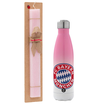 FC Bayern Munich, Easter Set, Metallic pink/white (Stainless steel) thermos, double-walled, 500ml & aromatic flat Easter candle (30cm) (PINK)