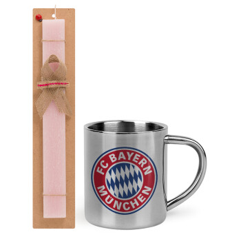 FC Bayern Munich, Easter Set, metallic thermal cup (300ml) & aromatic flat Easter candle (30cm) (PINK)