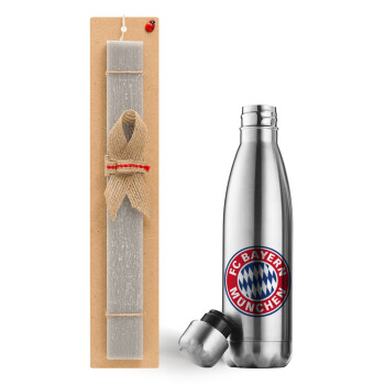 FC Bayern Munich, Easter Set, metallic stainless thermos flask (500ml) & scented flat Easter candle (30cm) (GRAY)