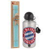 Easter Set, metallic silver aluminum water bottle (500ml) & scented flat Easter candle (30cm) (TURQUOISE)