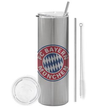 FC Bayern Munich, Eco friendly stainless steel Silver tumbler 600ml, with metal straw & cleaning brush