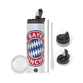 FC Bayern Munich, Travel Tumbler θερμό με διπλό καπάκι, μεταλλικό καλαμάκι και βούρτσα καθαρισμού (Ανωξείδωτο 304 Food grade, BPA free, 600ml)