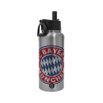 FC Bayern Munich, Μεταλλικό παγούρι θερμός Silver με καλαμάκι και χερούλι (Stainless steel), διπλού τοιχώματος, 950ml