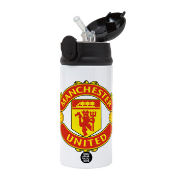 Manchester United F.C., Children's hot water bottle, stainless steel, with safety straw, Black (360ml) BPA-FREE