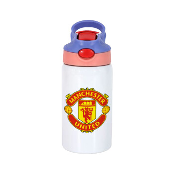 Manchester United F.C., Παιδικό παγούρι θερμό, ανοξείδωτο, με καλαμάκι ασφαλείας, ροζ/μωβ (350ml)