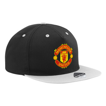 Manchester United F.C., Adult Flat Snapback Hat Black/Grey, (100% COTTON TWILL, ADULT, UNISEX, ONE SIZE)