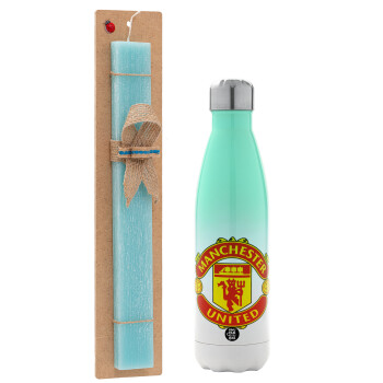 Manchester United F.C., Easter Set, Metallic green/white thermos (Stainless steel), double-walled, 500ml & scented flat Easter candle (30cm) (TURQUOISE)