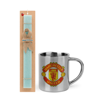 Manchester United F.C., Πασχαλινό Σετ, μεταλλική κούπα θερμό (300ml) & πασχαλινή λαμπάδα αρωματική πλακέ (30cm) (ΤΙΡΚΟΥΑΖ)