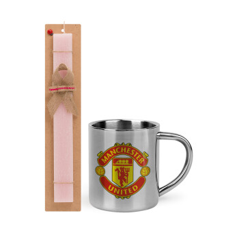 Manchester United F.C., Easter Set, metallic thermal cup (300ml) & aromatic flat Easter candle (30cm) (PINK)