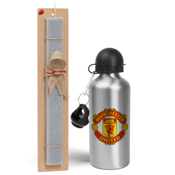 Manchester United F.C., Easter Set, metallic silver aluminum water bottle (500ml) & aromatic flat Easter candle (30cm) (GRAY)