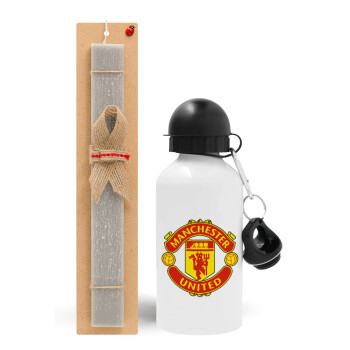 Manchester United F.C., Easter Set, metallic aluminum water bottle (500ml) & aromatic flat Easter candle (30cm) (GRAY)