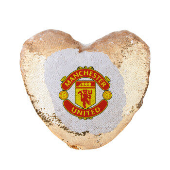 Manchester United F.C., Μαξιλάρι καναπέ καρδιά Μαγικό Χρυσό με πούλιες 40x40cm περιέχεται το  γέμισμα