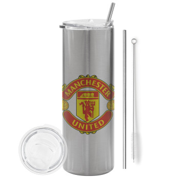 Manchester United F.C., Eco friendly stainless steel Silver tumbler 600ml, with metal straw & cleaning brush