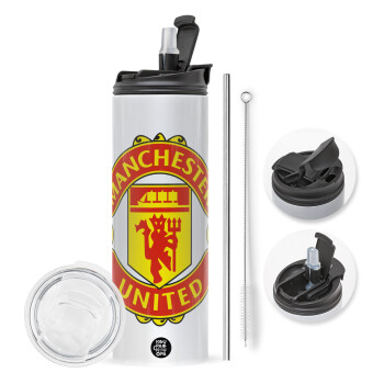 Manchester United F.C., Travel Tumbler θερμό με διπλό καπάκι, μεταλλικό καλαμάκι και βούρτσα καθαρισμού (Ανωξείδωτο 304 Food grade, BPA free, 600ml)