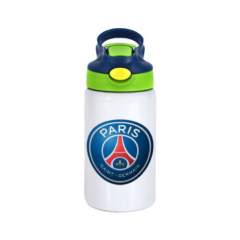 Paris Saint-Germain F.C., Children's hot water bottle, stainless steel, with safety straw, green, blue (350ml)