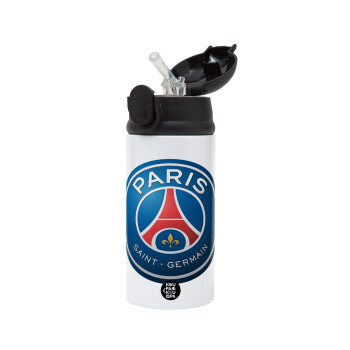 Paris Saint-Germain F.C., Children's hot water bottle, stainless steel, with safety straw, Black (360ml) BPA-FREE