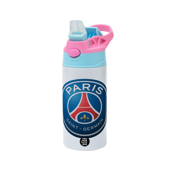 Paris Saint-Germain F.C., Children's hot water bottle, stainless steel, with safety straw, Pink/BlueCiel (360ml) BPA FREE