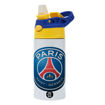 Paris Saint-Germain F.C., Children's hot water bottle, stainless steel, with safety straw, green, blue (360ml) BPA FREE