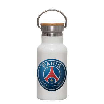Paris Saint-Germain F.C., Μεταλλικό παγούρι θερμός (Stainless steel) Λευκό με ξύλινο καπακι (bamboo), διπλού τοιχώματος, 350ml