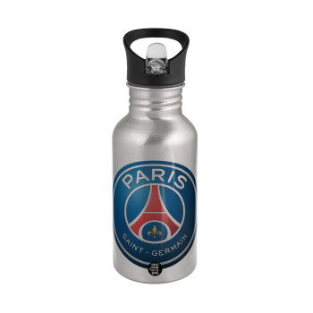 Paris Saint-Germain F.C., Water bottle Silver with straw, stainless steel 500ml