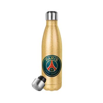 Paris Saint-Germain F.C., Μεταλλικό παγούρι θερμός Glitter χρυσό (Stainless steel), διπλού τοιχώματος, 500ml