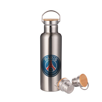 Paris Saint-Germain F.C., Stainless steel Silver with wooden lid (bamboo), double wall, 750ml