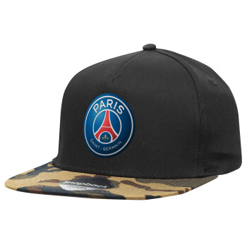 Paris Saint-Germain F.C., Adult Flat Snapback Hat Black/Camouflage, (100% COTTON TWILL, ADULT, UNISEX, ONE SIZE)