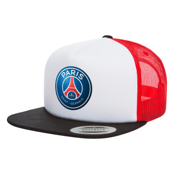 Paris Saint-Germain F.C., Adult Foam Flat Snapback with Mesh Black-White-Red (POLYESTER, ADULT, UNISEX, ONE SIZE)