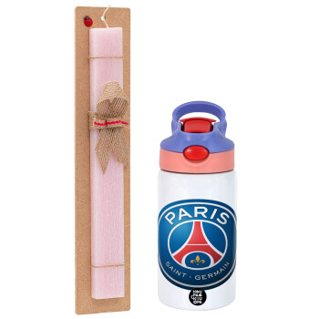 Paris Saint-Germain F.C., Easter Set, Children's thermal stainless steel water bottle with safety straw, pink/purple (350ml) & Easter scented flat candle (30cm) (PINK)