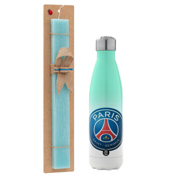 Paris Saint-Germain F.C., Easter Set, Metallic green/white thermos (Stainless steel), double-walled, 500ml & scented flat Easter candle (30cm) (TURQUOISE)