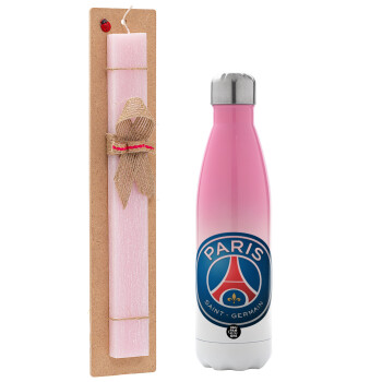 Paris Saint-Germain F.C., Πασχαλινό Σετ, Μεταλλικό παγούρι θερμός Ροζ/Λευκό (Stainless steel), διπλού τοιχώματος, 500ml & πασχαλινή λαμπάδα αρωματική πλακέ (30cm) (ΡΟΖ)