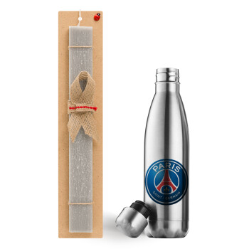 Paris Saint-Germain F.C., Easter Set, metallic stainless thermos flask (500ml) & scented flat Easter candle (30cm) (GRAY)