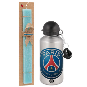 Paris Saint-Germain F.C., Easter Set, metallic silver aluminum water bottle (500ml) & scented flat Easter candle (30cm) (TURQUOISE)