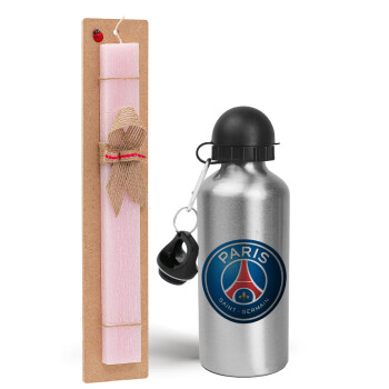 Paris Saint-Germain F.C., Easter Set, metallic Silver aluminum water bottle (500ml) & scented flat Easter candle (30cm) (PINK)