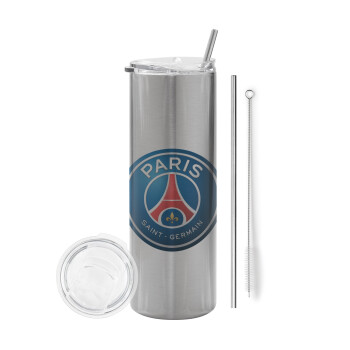 Paris Saint-Germain F.C., Eco friendly stainless steel Silver tumbler 600ml, with metal straw & cleaning brush
