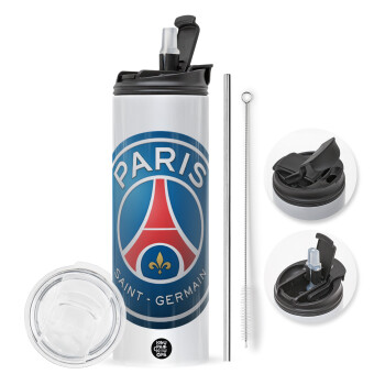 Paris Saint-Germain F.C., Travel Tumbler θερμό με διπλό καπάκι, μεταλλικό καλαμάκι και βούρτσα καθαρισμού (Ανωξείδωτο 304 Food grade, BPA free, 600ml)