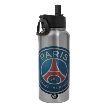 Paris Saint-Germain F.C., Μεταλλικό παγούρι θερμός Silver με καλαμάκι και χερούλι (Stainless steel), διπλού τοιχώματος, 950ml