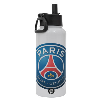 Paris Saint-Germain F.C., Metal mug thermo White with Straw and Spout Lid (Stainless steel), double wall, 950ml