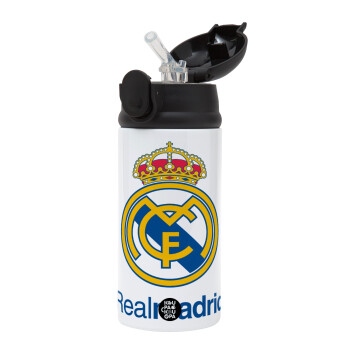 Real Madrid CF, Children's hot water bottle, stainless steel, with safety straw, Black (360ml) BPA-FREE